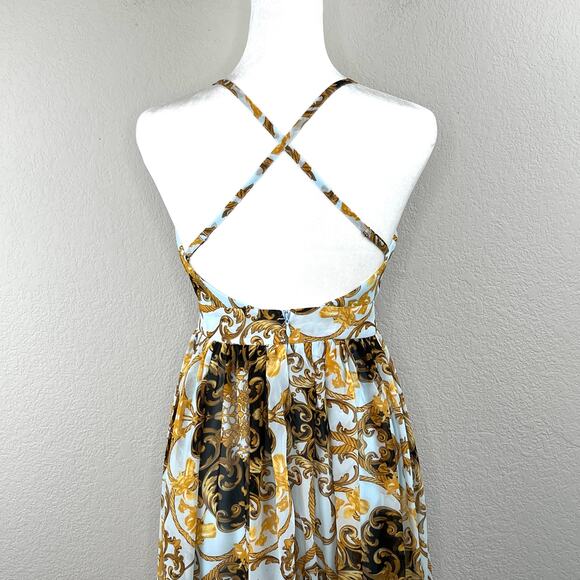 Powder Blue Gold Chiffon Baroque Sleeveless Open Back V-Neck Maxi Dress SM New - Picture 10 of 15